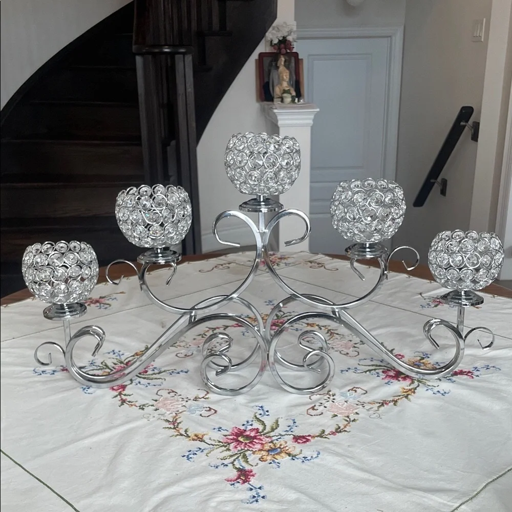 5 Arm Crystal Pendant Bowl Tea Light Candle Holder Table Centerpiece Decorations - Picture 5 of 15